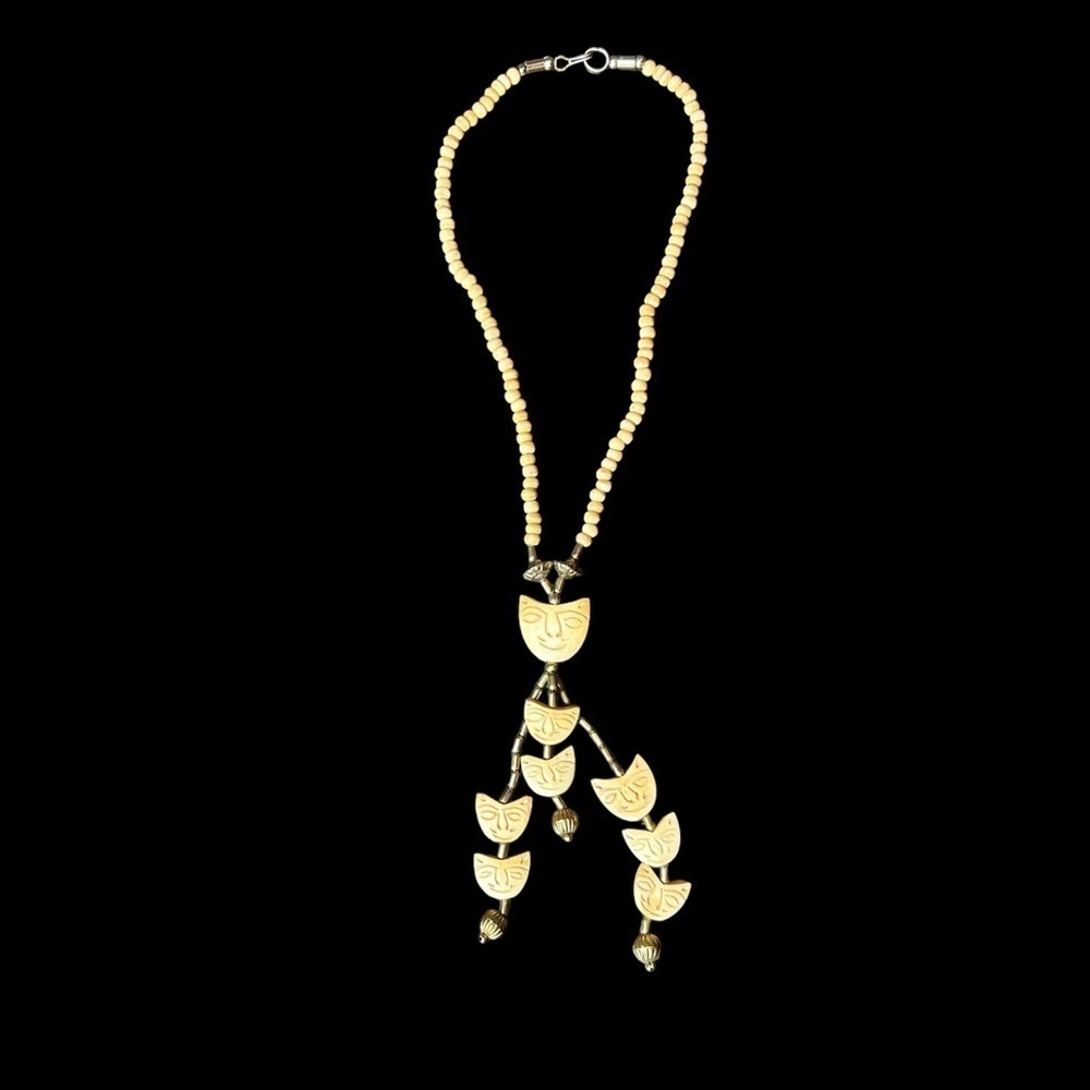 Carved and Beaded Bone Metal Multiple Strand Cat Face Hook and Loop Necklace